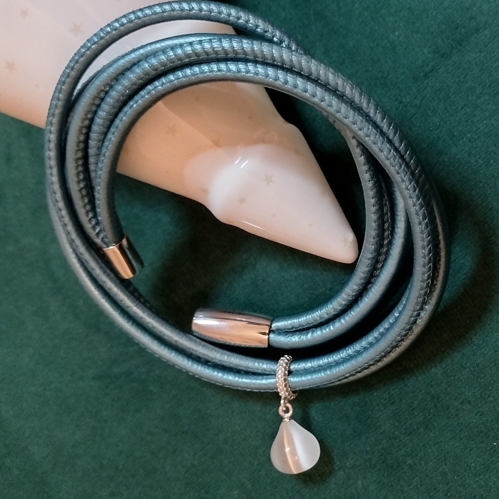 Elegant TEAL leather Bracelet with Silver White Snake Eye Charm